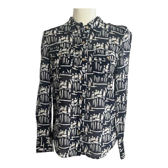 Tory Burch Printed Silk + Wool Button Up Size 6 Dark Blue - Picture 1 of 5